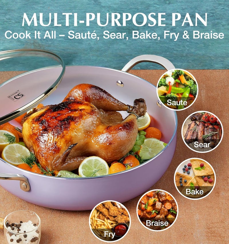 KOCH SYSTEME CS Saute Pan with Lid, 12 Inch Deep Frying Pan, Toxin-Free Ceramic Nonstick Saute Pan with Lid – Large Scratch-Resistant Deep Fry Pan 5.5QT, Oven Safe, Induction Compatible, Purple - Image 5
